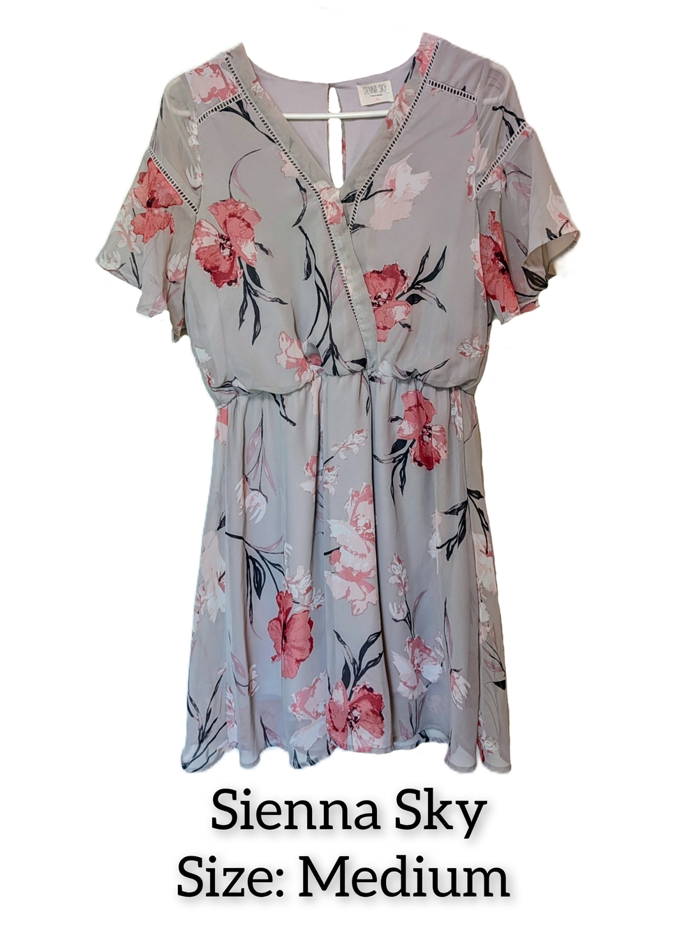 Sienna Sky Floral V-Neck Short Sleeve Dress - Soft Gray with Pink Floral